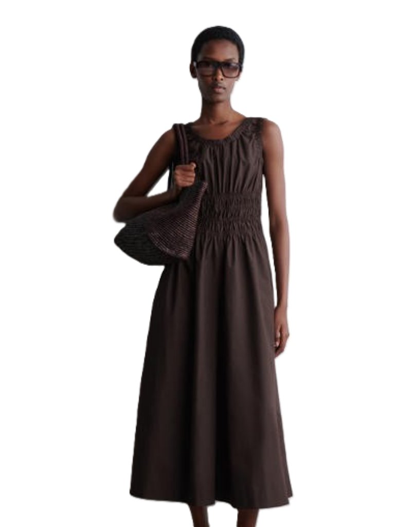 Cos Brown Shirred Cotton Wide Leg Jumpsuit Sleeveless Sz 2 Minimalist Chic